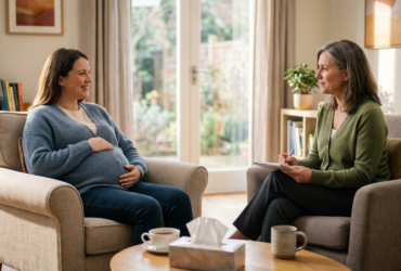Pregnant woman meeting with a therapist to discuss antenatal depression treatment and emotional support during pregnancy.