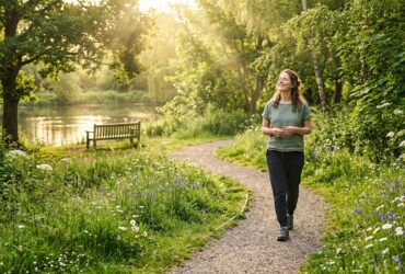 Woman enjoying a peaceful walk in a green park to support mental health and reduce stress